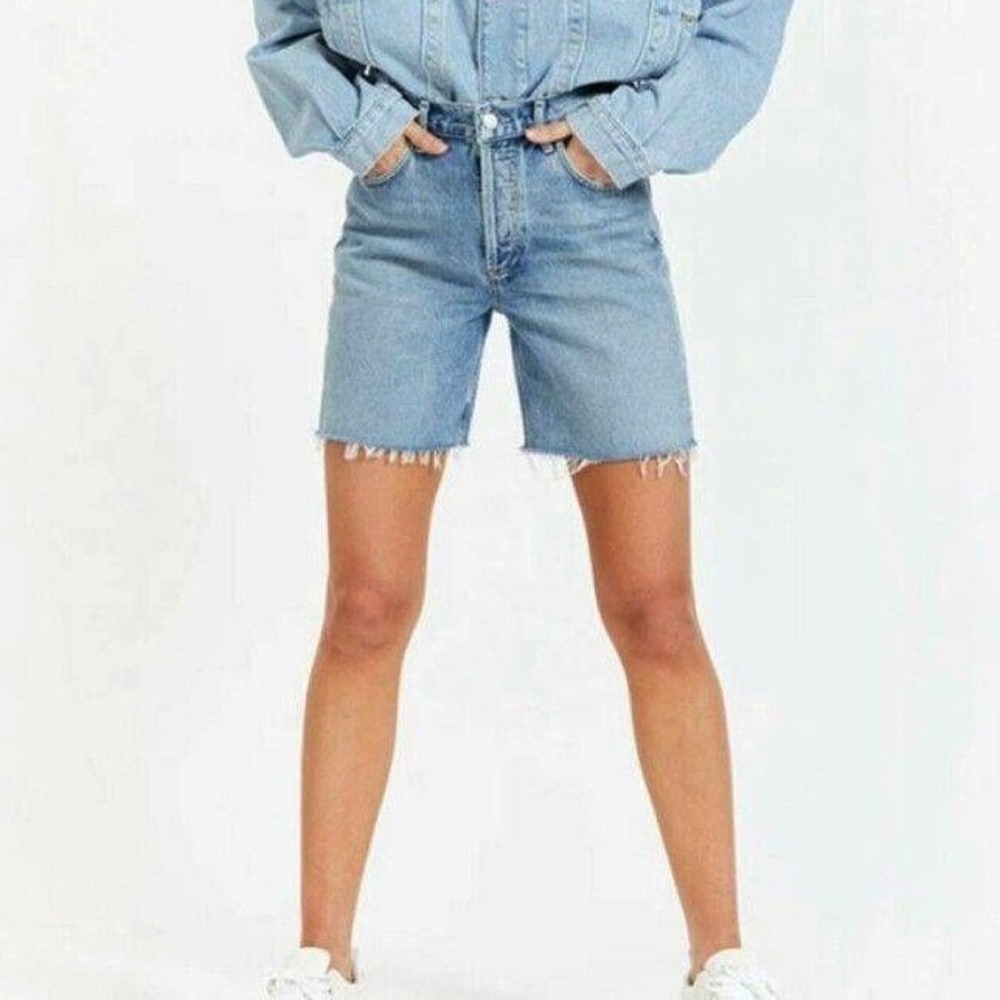 AGOLDE Rumi High Rise Denim Shorts 27 Bermuda Raw Hem Coastal - Picture 1 of 9
